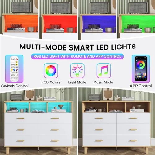 Vista 3 de knoworld Cómoda para dormitorio, cómoda blanca de 6 cajones con luz LED y toma de corriente, cómodas altas y anchas, cajones de almacenamiento