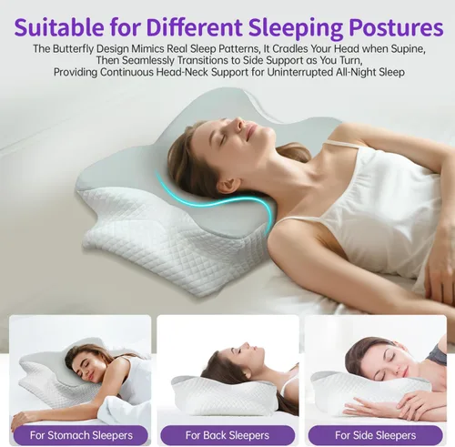 Vista 6 de Almohada cervical de espuma viscoelástica, almohada cervical en forma de mariposa para aliviar el dolor de dormir, contorno ortopédico, soporte