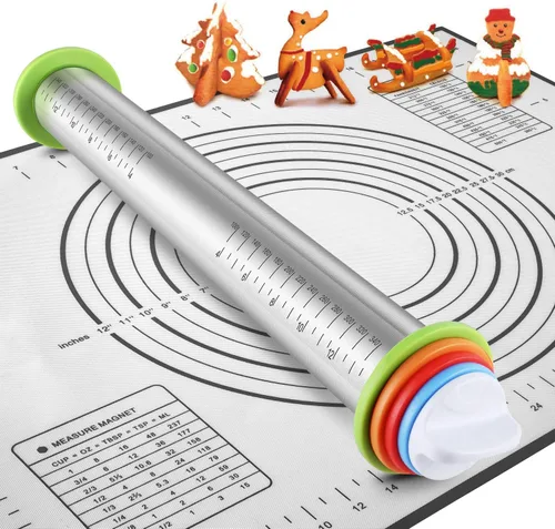 Rodillos, Rodillo de Masa de Acero Inoxidable, Juego de Rodillo y Alfombrilla de Silicona para Repostería, Rodillo Ajustable con Anillos de Grosor