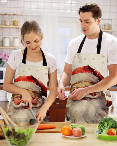 Vista 2 de Christmas Bib Aprons with Pockets Waterproof, Adjustable Apron for Men Women Xmas Santa Berry Botanical Winter Snowflake