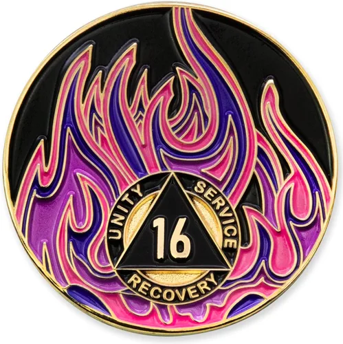 Vista 62 de Medallón de recuperación AA chapado en oro de 1 año Twisted Flames - Negro/Rojo/Naranja/Amarillo