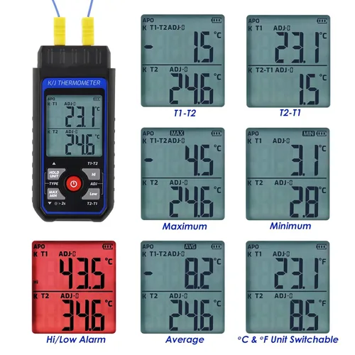 Vista 3 de Termómetro de termopar K/J de doble canal con 4 termopares tipo K -328°F ~ 2501°F Rango de medición HVAC Medidor de temperatura con retención