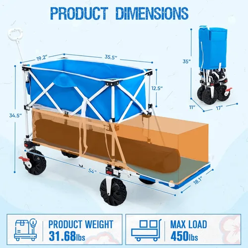 Vista 7 de Old Bahama Bay 400L - Carro de playa plegable de doble piso con frenos, carrito de playa plegable con cubierta extra larga de 54 pulgadas, vagón