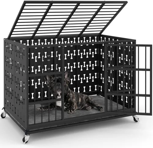 Vista 11 de PUKAMI Jaula para perros indestructible de alta ansiedad con cojín, resistente de 48 pulgadas con cojín, a prueba de escapes, para perros grandes