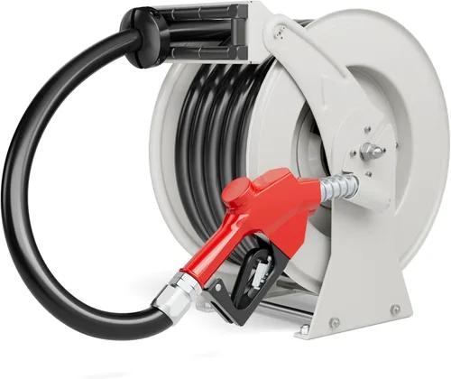Carrete de manguera de combustible de 1 pulgada x 33 pies, construcción de acero resistente de 300 PSI con boquilla de reabastecimiento, carrete de