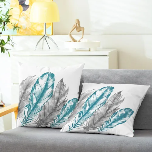 Vista 2 de CaliTime Juego de 2 fundas de almohada decorativas de vellón de dos tonos con plumas para sofá, cama, decoración de casa rural, 18 x 18 pulgadas
