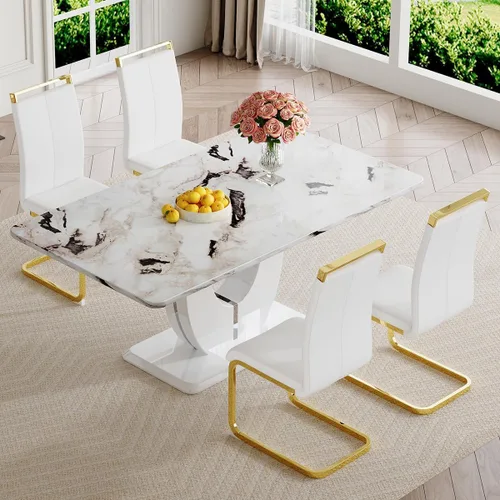 Vista 105 de JUFU Juego de mesa de comedor moderno para 4, juego de mesa de cocina rectangular de 63 pulgadas con mesa de mármol sintético y 4 sillas tapizadas