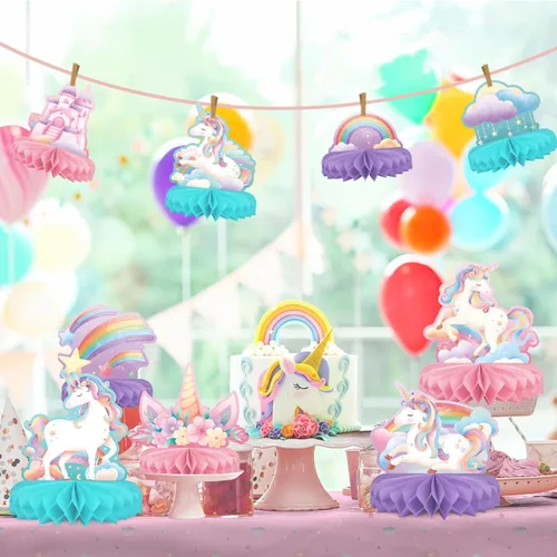 Vista 3 de Juego de suministros para fiesta de cumpleaños de unicornio, decoraciones de mesa arcoíris con centro de mesa de panal para decoraciones de fiesta