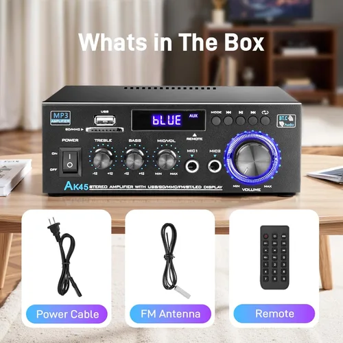 Vista 6 de AK45 Amplificador de audio estéreo para el hogar con receptor Bluetooth 5.0, 300 W+300 W Bluetooth HiFi AMP amplificador de potencia 2.0 canales RMS