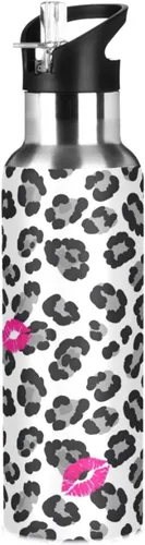 Bold Black Gray Leopard Spots White Stainless Steel Vacuum Insulated Water Bottle 20 Oz Leakproof Water Bottles, BPA-Free Sports Water Bottle