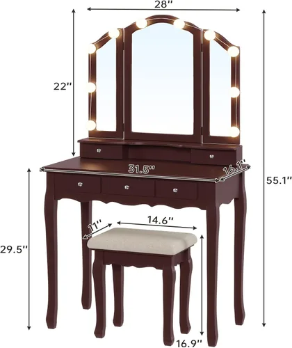Vista 6 de Tiptiper Escritorio de tocador, tocador de maquillaje con espejo tríptico iluminado y taburete, juego de mesa de tocador con 10 bombillas LED y 3