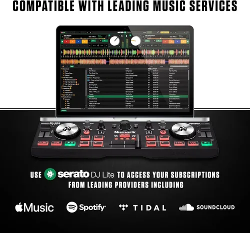Vista 6 de Numark DJ2GO2 Touch - Controlador USB compacto de 2 platos para Serato DJ con mezclador/crossfader, interfaz de audio y rueda de selección
