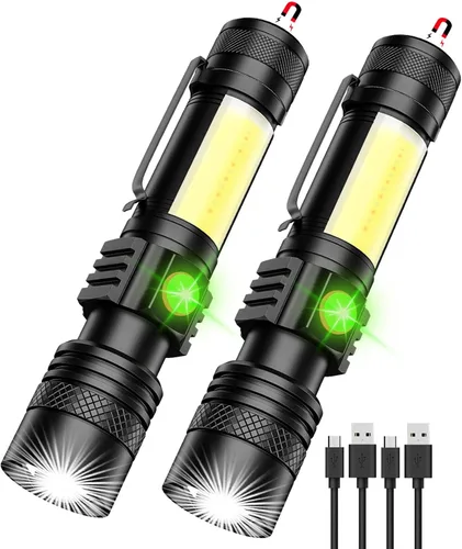 Linterna recargable, linterna LED súper brillante con luz lateral COB, zoomable, impermeable, 4 modos, linterna táctica para camping, emergencia
