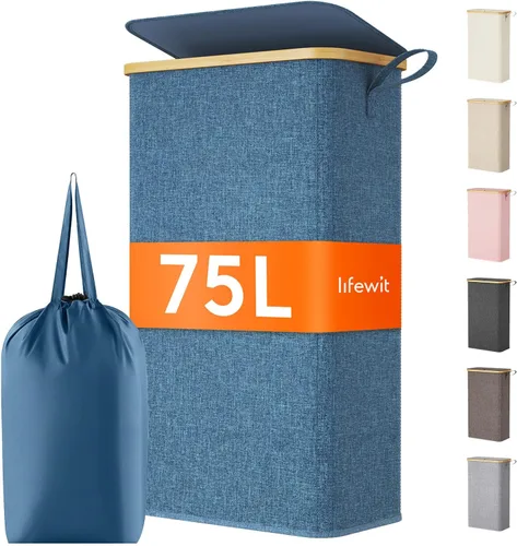Vista 11 de Lifewit Cesta de lavandería delgada de 50 litros con tapa, cesta estrecha para la ropa sucia con bolsa extraíble y asas de bambú, canasta plegable