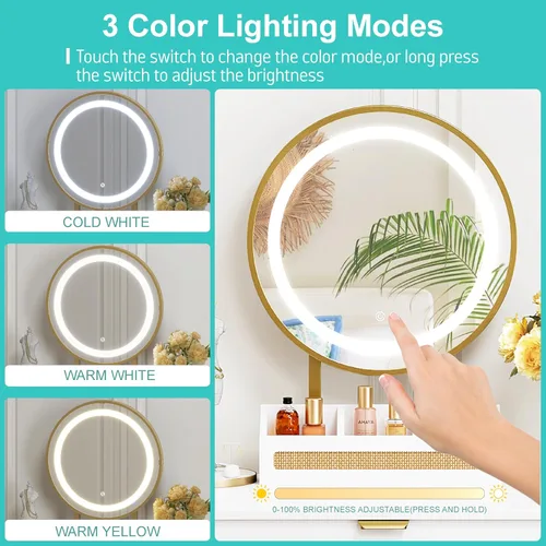 Vista 3 de Spirich - Tocador de maquillaje con espejo y luces, tocador de ratán blanco con cajones, 3 modos de iluminación, tocador pequeño para dormitorio