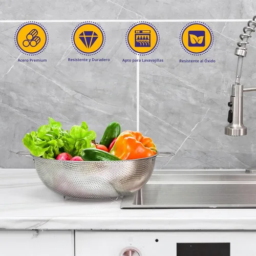 Vista 5 de E-far Juego de 3 coladores de acero inoxidable (1-3-5 cuartos de galón), colador de metal microperforado con mango para cocina/escurrimiento