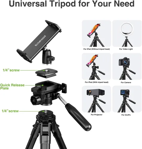 Vista 5 de Elitehood - Trípode de 160 cm para cámara y iPad, soporte compacto de viaje al aire libre, capacidad de carga 8kg/17.6lbs, compatible con DSLR