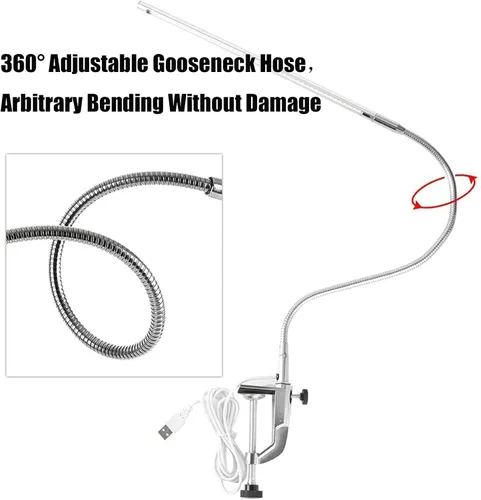 Vista 4 de Lámpara de escritorio Brokimis con abrazadera, lámpara de mesa USB LED de 8W con clip para uñas, lámpara de cuidado ocular flexible de cuello