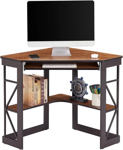 Vista 10 de VECELO - Escritorio de esquina para computadora, mesa de escritura con bandeja para teclado suave y estantes de almacenamiento, mesa triangular