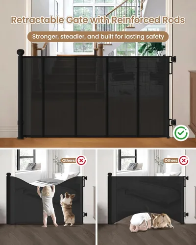 Vista 4 de Puerta retráctil para bebé, puerta de malla para bebés de 55 pulgadas de ancho con 4 varillas reforzadas, puerta antiflacidez de 34 pulgadas de Negro