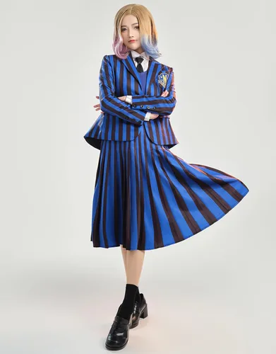 Vista 2 de miccostumes Disfraz de anime para mujer, disfraz de miércoles, cosplay, uniforme escolar, chaqueta y falda con camisa y chaleco de suéter