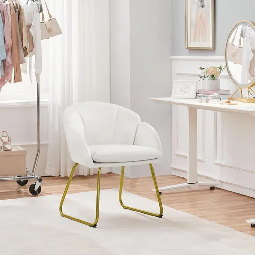 Vista 22 de Yaheetech Sillón moderno de piel sintética, silla de maquillaje en forma de flor con patas de metal dorado para sala de estar, sala de maquillaje
