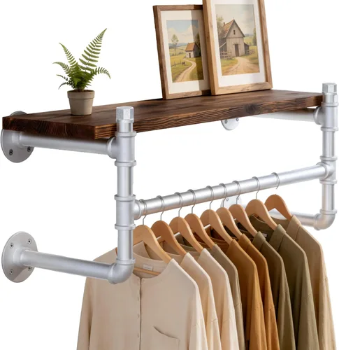 Vista 13 de WEBI Perchero de pared con estante, perchero industrial de 24 pulgadas con estantes, barra de ropa de hierro resistente, barra de ropa de exhibición