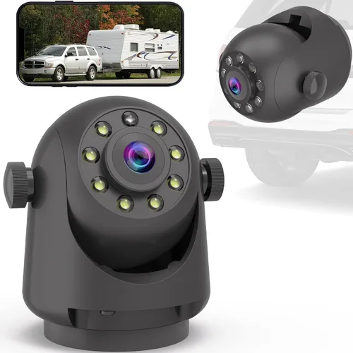 YEOIZO Cámara magnética inalámbrica de respaldo para remolques/caravana/cámper – Visión nocturna HD recargable por WiFi, sin cableado/perforación,