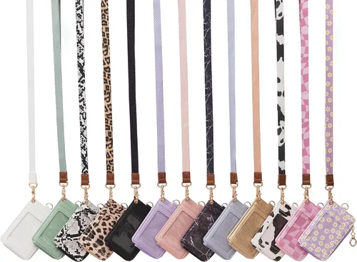 Vista 7 de Mondo Designs Soporte de tarjetas de ID 2 en 1, cartera chica multiusos, correa de muñeca extraíble, cordón para cuello, ventana clara, 5 ranuras