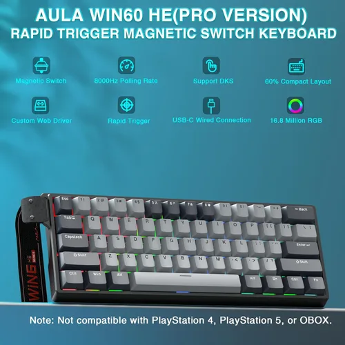 Vista 2 de AULA WIN60 HE PRO - Teclado mecánico 60% para juegos con cable, interruptor magnético intercambiable en caliente, accionamiento ajustable, modo
