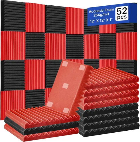 Vista 10 de Paquete de 52 paneles de espuma acústica, 1 x 12 x 12 pulgadas, paneles de pared de espuma acústica de absorción de sonido (negro)