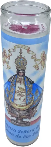 Vista 4 de Vela de ofrenda o oración sin aroma la santísima virgen de San Juan de los lagos recipiente alto de vidrio