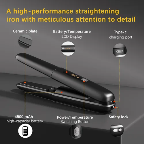 Vista 6 de Cordless Hair Straightener Curler 2 in 1 Ceramic Flat Iron Mini Portable Fast Heating 30s 4500mAh Battery 4 Temp Adjustments LCD Display USB Black