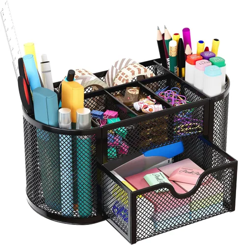 Organizador para escritorio EasyPAG, malla metálica, 9 compartimentos, gavetas para escritorios con bandeja, Negro