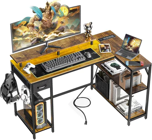 Escritorio para computadora en forma de L de 47 pulgadas con luz LED y toma de corriente, escritorio reversible en forma de L con soporte para