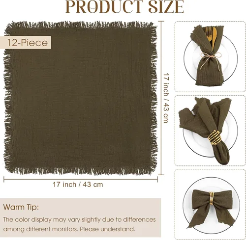 Vista 2 de TURSTIN 12 Piezas de Servilleta de Lino de Algodón Servilleta de Tela Hecha a Mano con Flecos 17 x 17 Pulgadas Servilletas Suave para Cenas Bodas