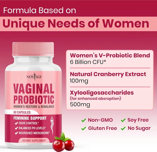 Vista 4 de NEW AGE Probióticos vaginales para mujeres con prebióticos, extracto de arándano y una mezcla de probióticos Lactobacillus, apoya el equilibrio