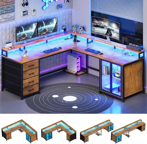 Vista 10 de SEDETA Escritorio para juegos en forma de L con 4 cajones, escritorio para computadora de 109 pulgadas con vitrina, escritorios de oficina en casa