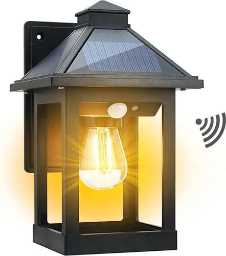 CYHKEE Faroles de pared alimentados por energía solar para exteriores con 3 modos, sensor de movimiento del atardecer al amanecer, luces LED negro