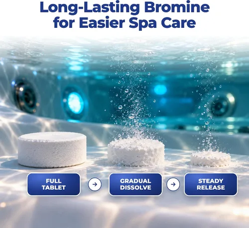 Vista 3 de Tabletas de bromo para spa, bañera de hidromasaje y piscina, 1.5 libras, fabricadas en Estados Unidos, tabletas de bromo de disolución lenta HTS