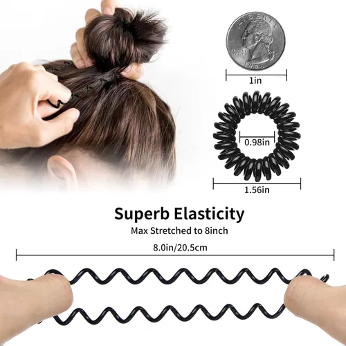 Vista 4 de QIUTIMIY 16 lazos en espiral para el cabello, (negro brillante) bobinas elásticas para el cabello para mujeres y niñas, cable impermeable