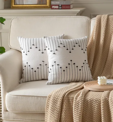 Vista 4 de Caflife Fundas de almohada boho de 18 x 18 pulgadas, juego de 2 almohadas decorativas para cama, fundas de almohada beige con línea negra para sofá