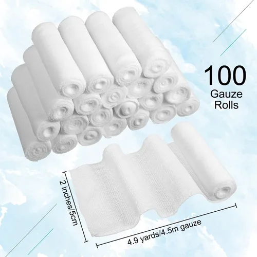 Vista 2 de Treela 100 rollos de vendaje de gasa, 2 pulgadas x 5 yardas, vendajes elásticos de embalaje individual, almohadillas de primeros auxilios sin látex