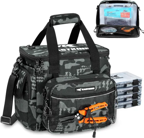 KastKing BaitSpace Bolsa de aparejos de pesca con 4 cajas de aparejos y carpeta de cebo extraíble, almacenamiento de aparejos resistente al agua,