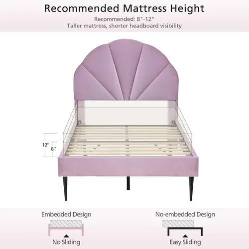 Vista 8 de VELOCAVA Cama individual con cabecera de concha marina, marco de cama plataforma tapizada en terciopelo para niñas con soporte de listones