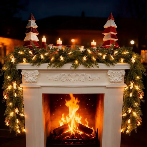 Guirnalda de Navidad de 9 pies con luces a pilas, guirnalda de Navidad iluminada con piñas, bayas rojas, copos de nieve parpadeantes y árbol, luces