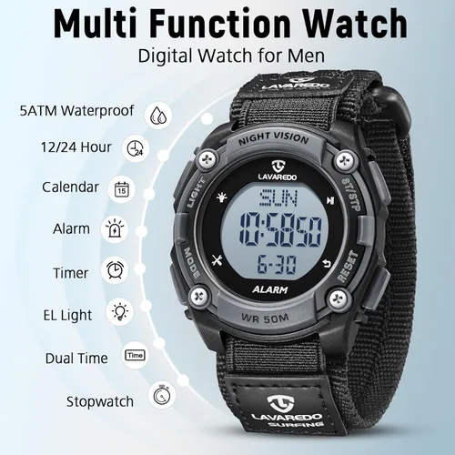 Vista 4 de NN BEN NEVIS Reloj digital para hombre, reloj deportivo al aire libre, impermeable, con alarma, calendario, cronómetro, cronógrafo, luz trasera