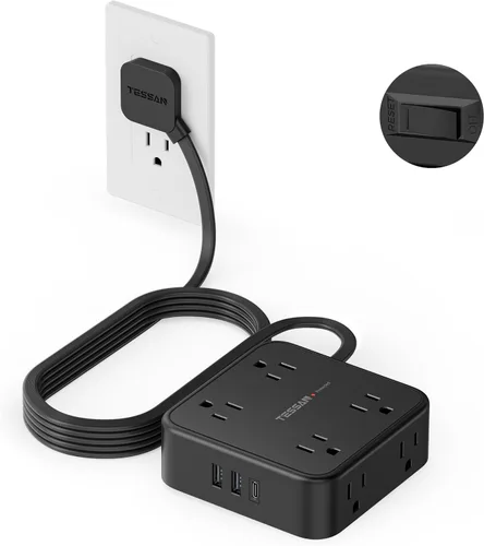 Vista 26 de Tessan Enchufe múltiple para sobretensión, 900 J, cable plano, 5 ft, 8 tomacorrientes, 3 puertos USB (1 USB C), extensor 3 lados, suministros