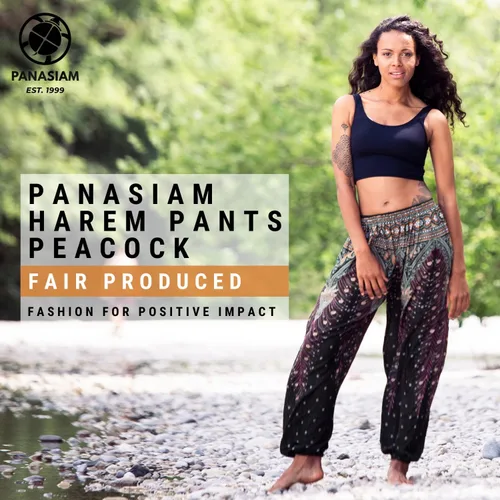 Vista 2 de PANASIAM Muck Harem Pantalones en diseño de pavo real, 100% natural, suave, viscosa, de producción justa.