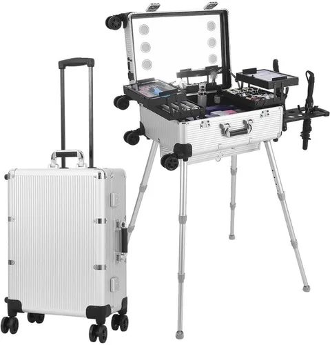 Maletín De Maquillaje Con Ruedas, Espejo Y Luces. Maletín Grande para Maquilladores Profesionales, Esteticistas Y Técnicos De Uñas. Color Plata. 22